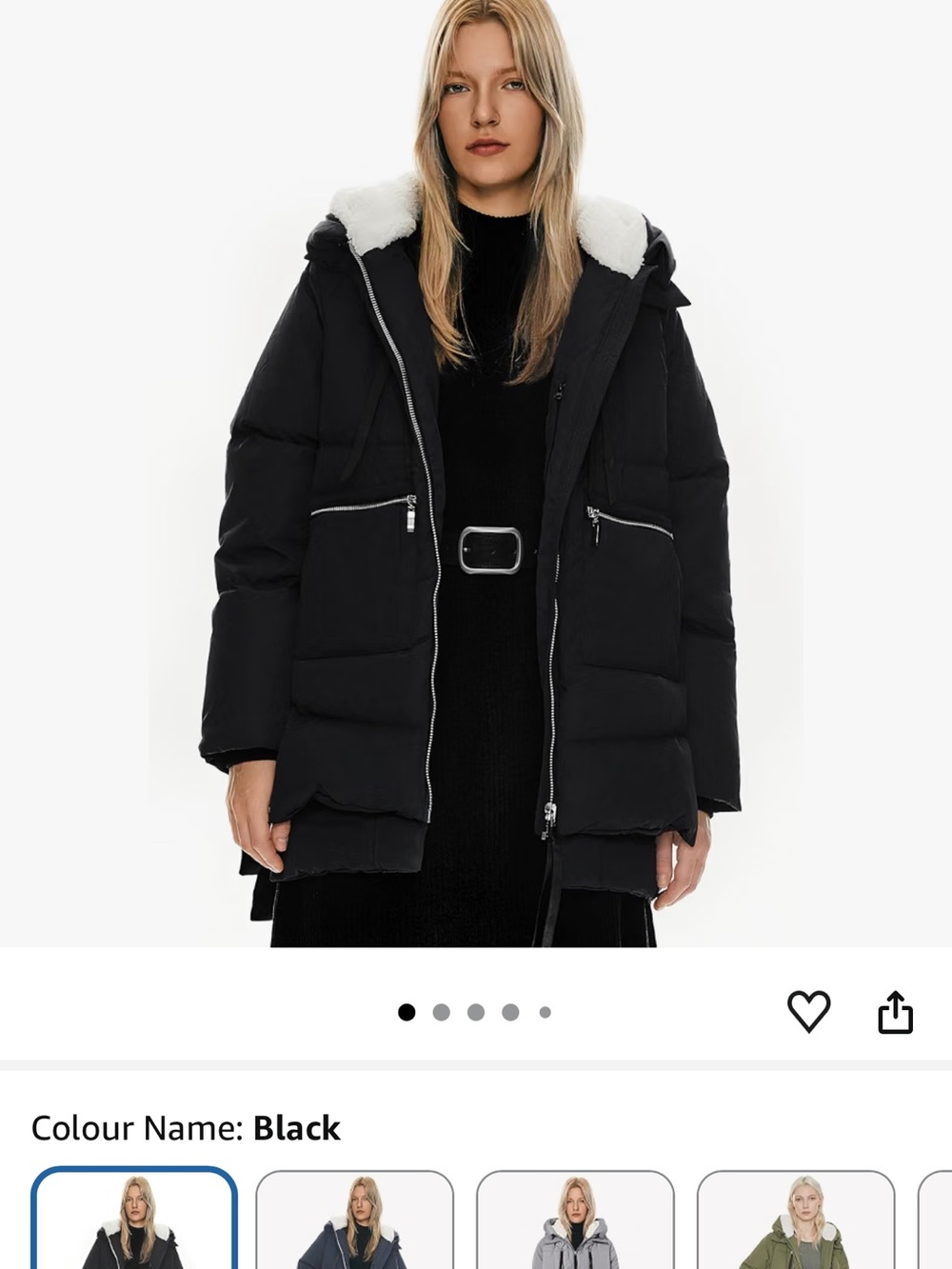 Black Puffer Coat with White Faux-Shearling Hood